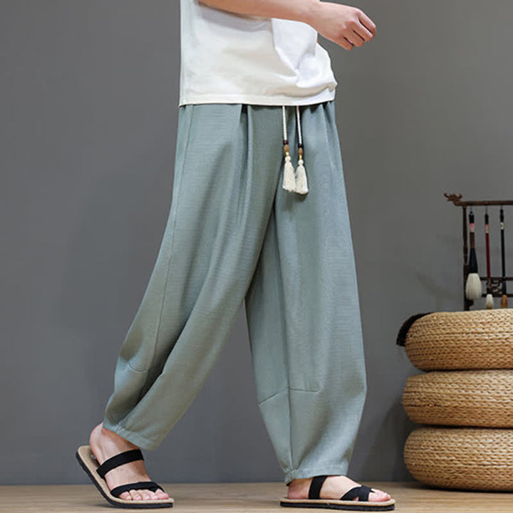 Buddha Stones Pantalones harem de verano para hombre con cintura elástica, cordón ajustable y bolsillos. - image 3