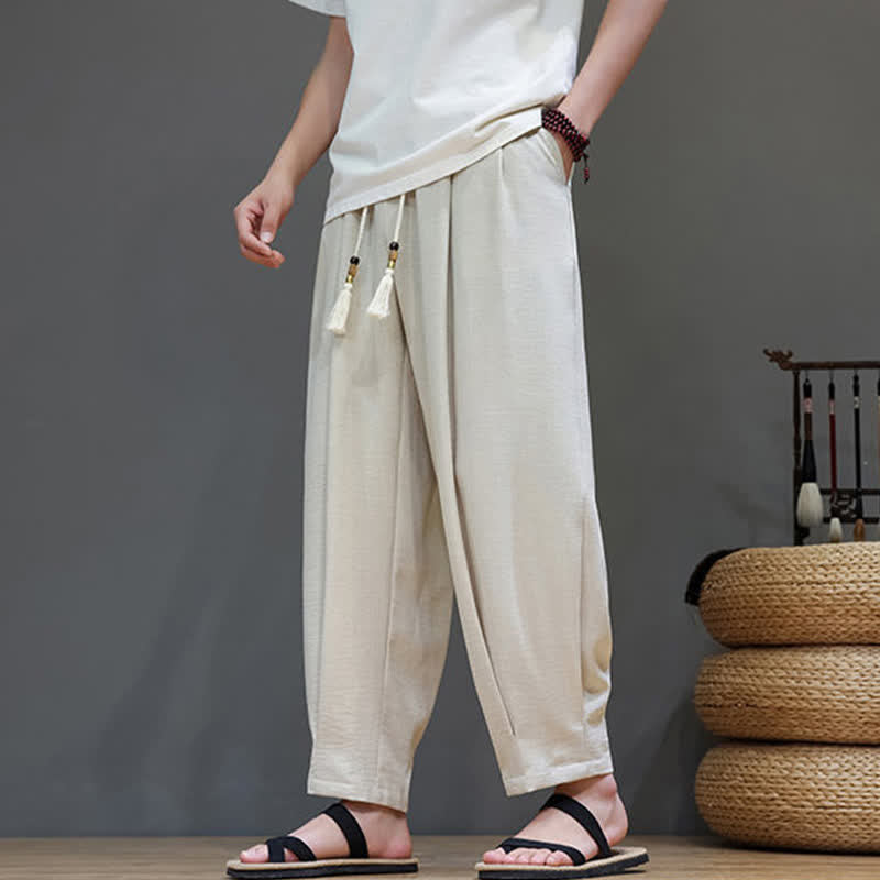 Buddha Stones Pantalones de verano minimalistas para hombre, de color liso, con cintura elástica y corte ajustado, con bolsillos. - Beige - US/UK/AU46, EU56 (5XL) - image 0
