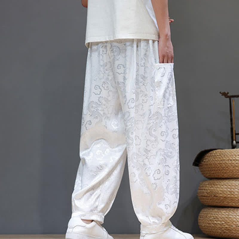 Buddha Stones Pantalones harem de verano para hombre con cordón ajustable, estampado de nubes, cintura elástica y bolsillos. - image 15