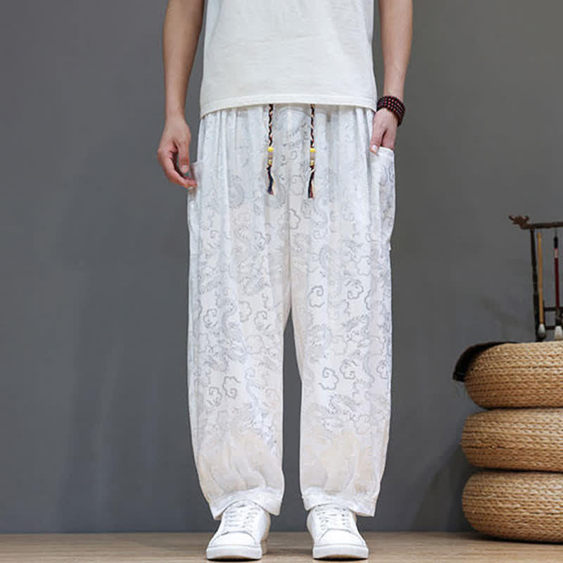 Buddha Stones Pantalones harem de verano para hombre con cordón ajustable, estampado de nubes, cintura elástica y bolsillos. - Humo blanco - US/UK/AU46, EU56 (5XL) - image 18