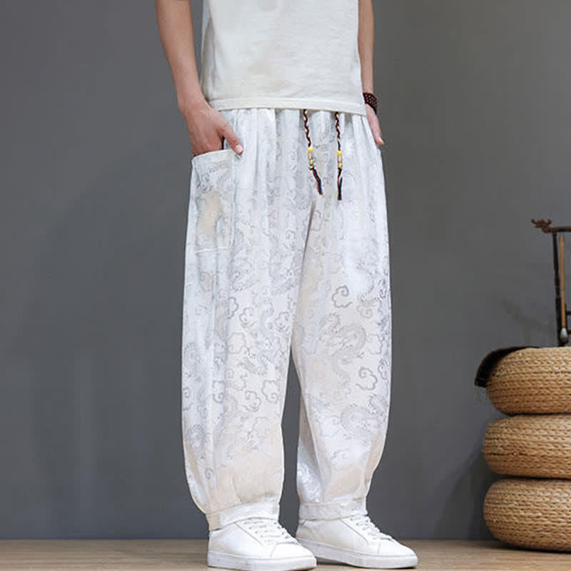 Buddha Stones Pantalones harem de verano para hombre con cordón ajustable, estampado de nubes, cintura elástica y bolsillos. - image 11