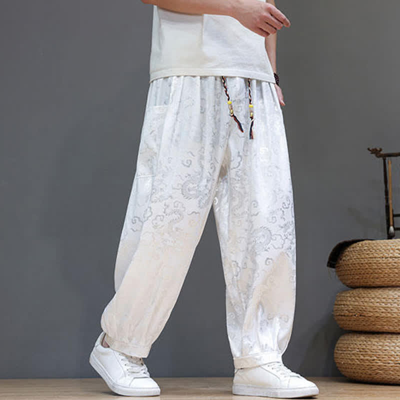 Buddha Stones Pantalones harem de verano para hombre con cordón ajustable, estampado de nubes, cintura elástica y bolsillos. - image 16