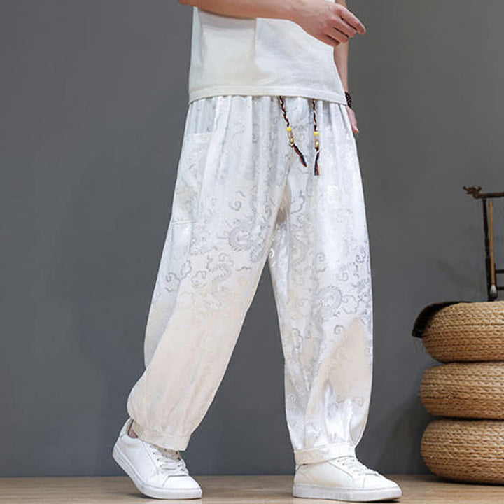 Buddha Stones Pantalones harem de verano para hombre con cordón ajustable, estampado de nubes, cintura elástica y bolsillos. - image 16