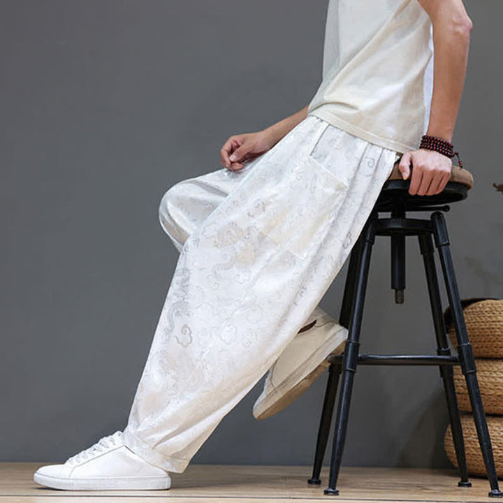 Buddha Stones Pantalones harem de verano para hombre con cordón ajustable, estampado de nubes, cintura elástica y bolsillos. - image 22