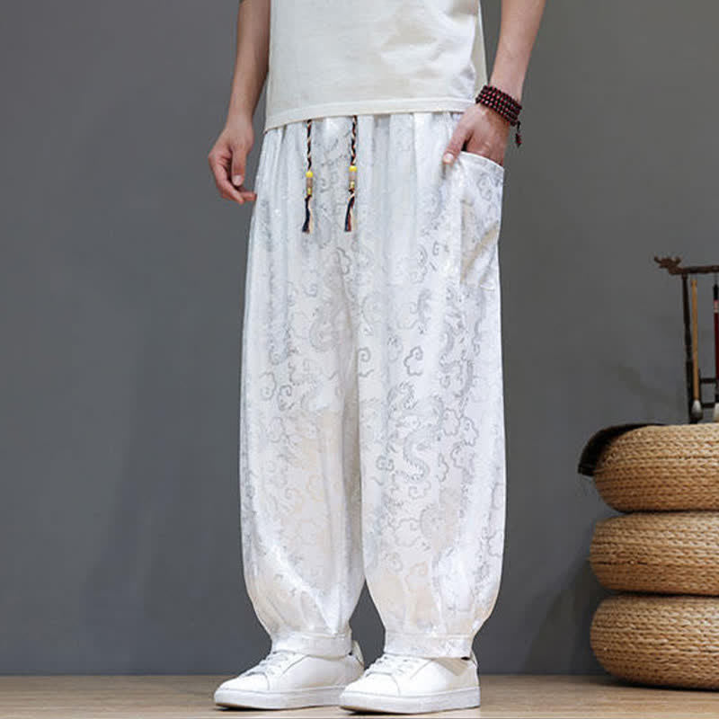 Buddha Stones Pantalones harem de verano para hombre con cordón ajustable, estampado de nubes, cintura elástica y bolsillos. - image 17