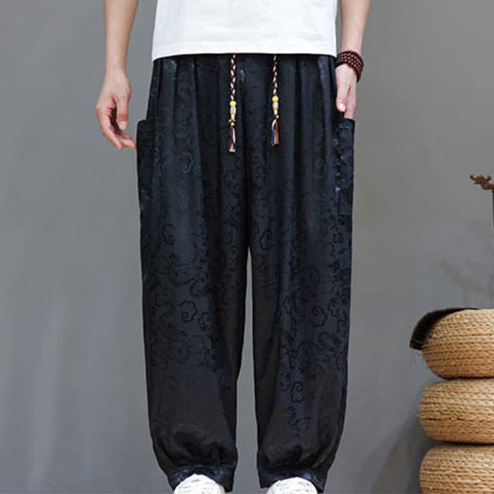 Buddha Stones Pantalones harem de verano para hombre con cordón ajustable, estampado de nubes, cintura elástica y bolsillos. - image 5