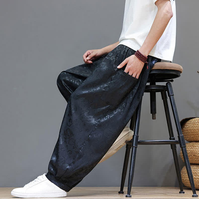 Buddha Stones Pantalones harem de verano para hombre con cordón ajustable, estampado de nubes, cintura elástica y bolsillos. - image 7