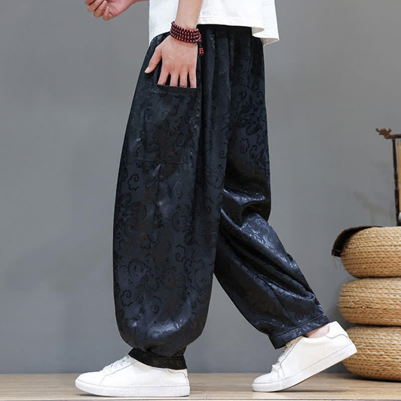 Buddha Stones Pantalones harem de verano para hombre con cordón ajustable, estampado de nubes, cintura elástica y bolsillos. - image 3