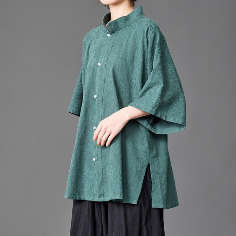 Buddha Stones Camisa de manga tres cuartos para hombre, estilo minimalista de verano, con cuello mandarín y botones. - image 8