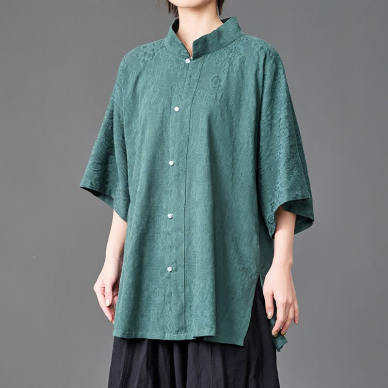 Buddha Stones Camisa de manga tres cuartos para hombre, estilo minimalista de verano, con cuello mandarín y botones. - image 10