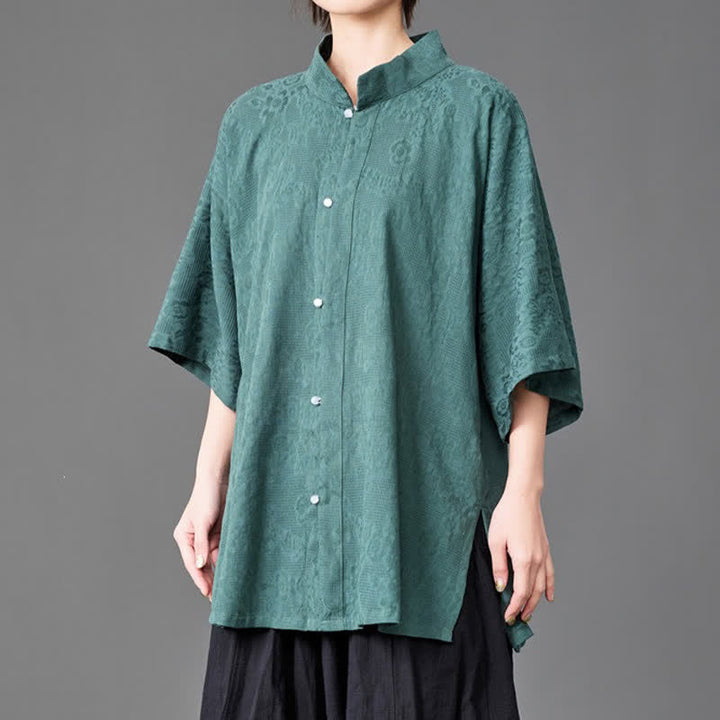Buddha Stones Camisa de manga tres cuartos para hombre, estilo minimalista de verano, con cuello mandarín y botones. - image 10