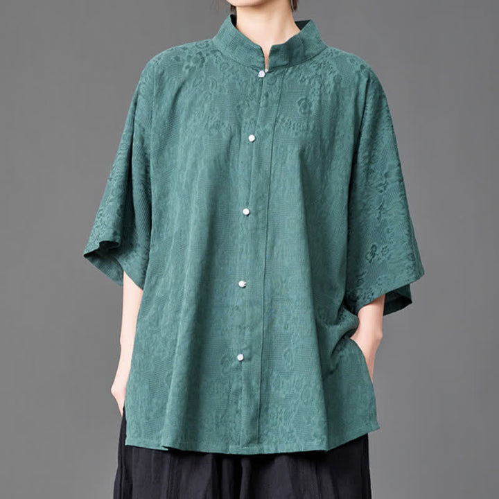 Buddha Stones Camisa de manga tres cuartos para hombre, estilo minimalista de verano, con cuello mandarín y botones. - Azul cadete - US/UK/AU46, EU56 (5XL) - image 6