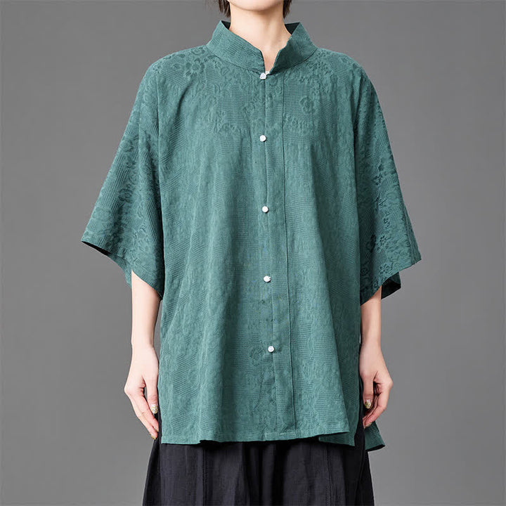 Buddha Stones Camisa de manga tres cuartos para hombre, estilo minimalista de verano, con cuello mandarín y botones. - image 9