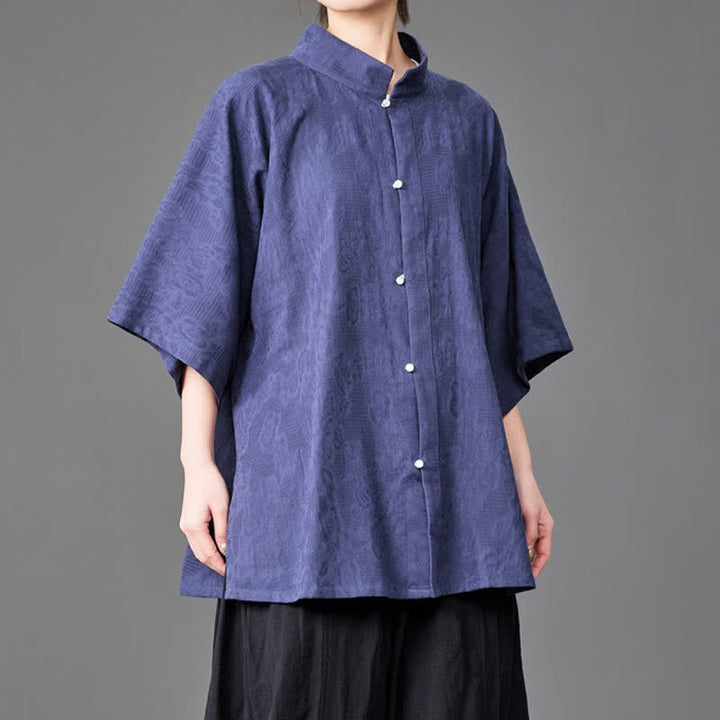 Buddha Stones Camisa de manga tres cuartos para hombre, estilo minimalista de verano, con cuello mandarín y botones. - image 1