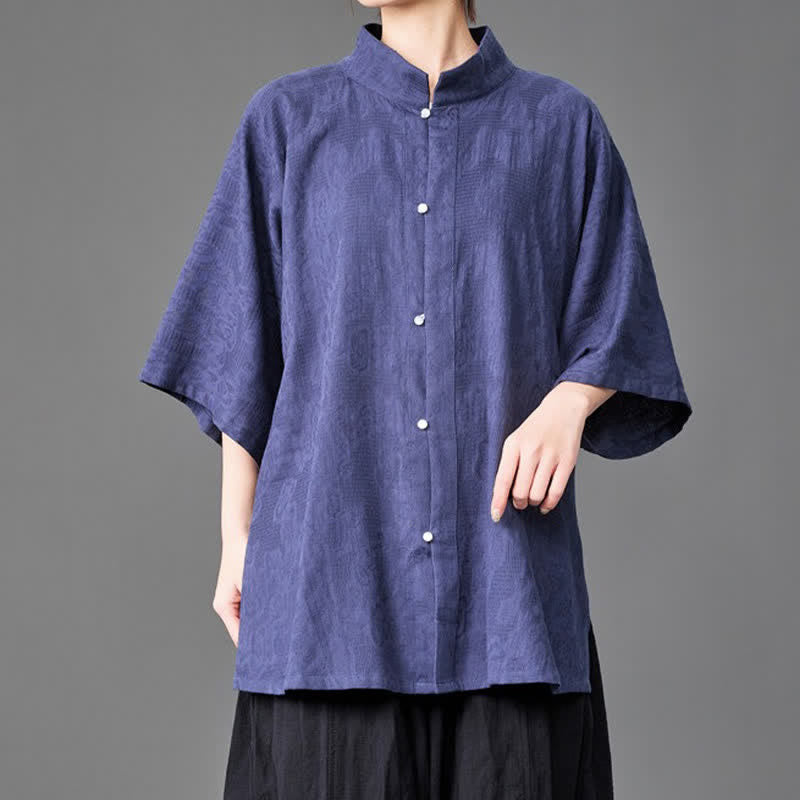Buddha Stones Camisa de manga tres cuartos para hombre, estilo minimalista de verano, con cuello mandarín y botones. - image 4