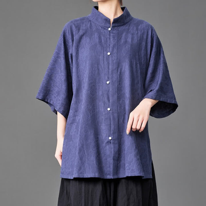 Buddha Stones Camisa de manga tres cuartos para hombre, estilo minimalista de verano, con cuello mandarín y botones. - image 4