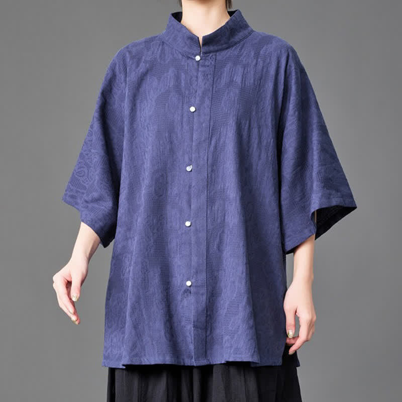 Buddha Stones Camisa de manga tres cuartos para hombre, estilo minimalista de verano, con cuello mandarín y botones. - image 5