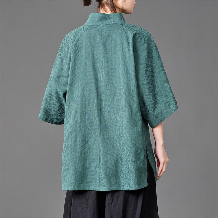 Buddha Stones Camisa de manga tres cuartos para hombre, estilo minimalista de verano, con cuello mandarín y botones. - image 7