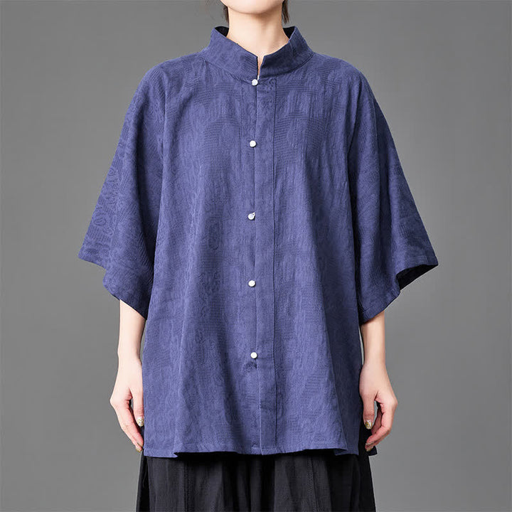 Buddha Stones Camisa de manga tres cuartos para hombre, estilo minimalista de verano, con cuello mandarín y botones. - image 2
