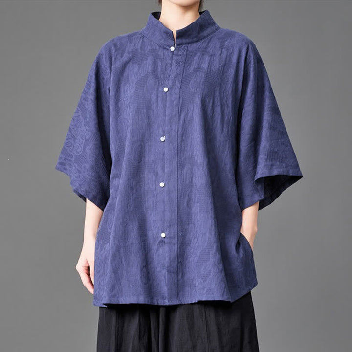 Buddha Stones Camisa de manga tres cuartos para hombre, estilo minimalista de verano, con cuello mandarín y botones. - image 3