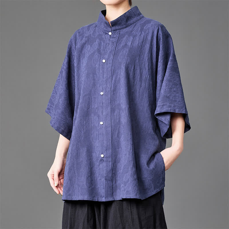 Buddha Stones Camisa de manga tres cuartos para hombre, estilo minimalista de verano, con cuello mandarín y botones. - Índigo - US/UK/AU46, EU56 (5XL) - image 0