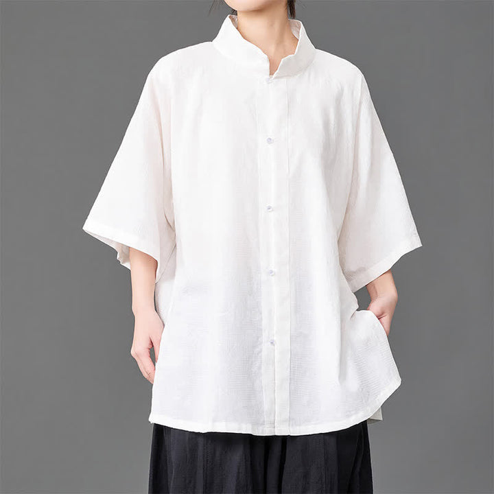 Buddha Stones Camisa de manga tres cuartos para hombre, estilo minimalista de verano, con cuello mandarín y botones. - Blanco - US/UK/AU46, EU56 (5XL) - image 11