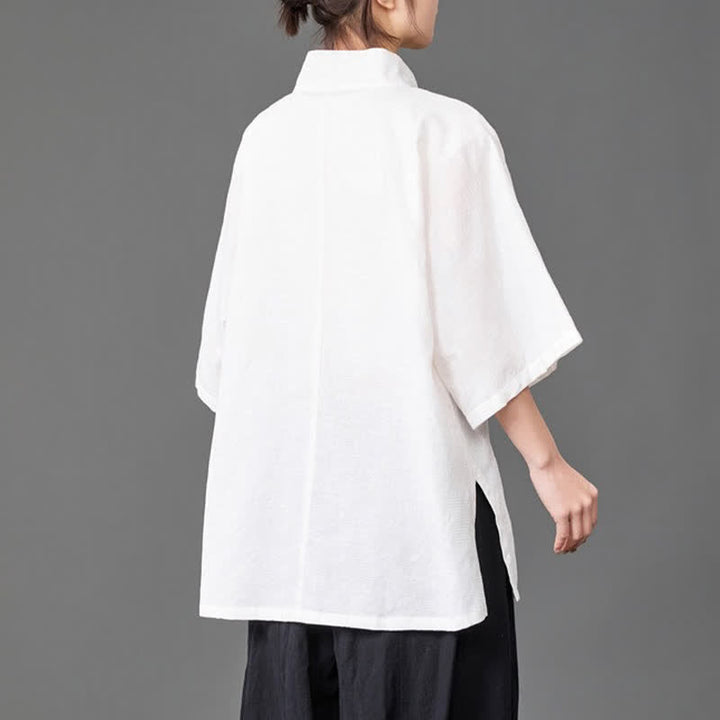 Buddha Stones Camisa de manga tres cuartos para hombre, estilo minimalista de verano, con cuello mandarín y botones. - image 12