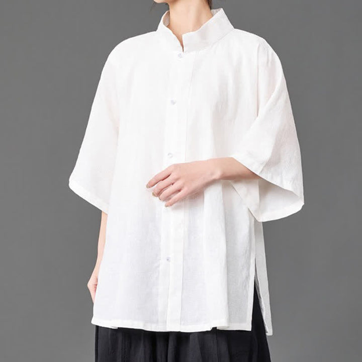 Buddha Stones Camisa de manga tres cuartos para hombre, estilo minimalista de verano, con cuello mandarín y botones. - image 16