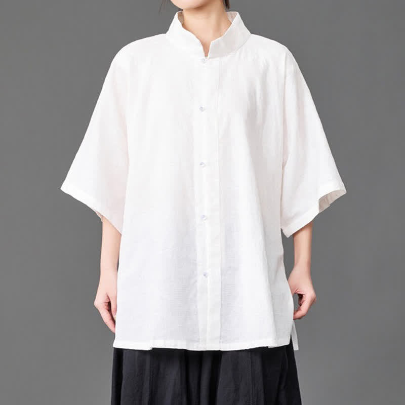 Buddha Stones Camisa de manga tres cuartos para hombre, estilo minimalista de verano, con cuello mandarín y botones. - image 13