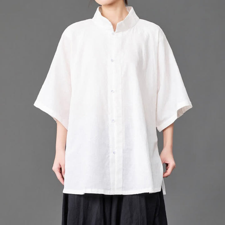 Buddha Stones Camisa de manga tres cuartos para hombre, estilo minimalista de verano, con cuello mandarín y botones. - image 13