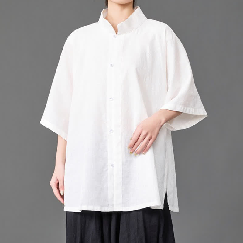 Buddha Stones Camisa de manga tres cuartos para hombre, estilo minimalista de verano, con cuello mandarín y botones. - image 14