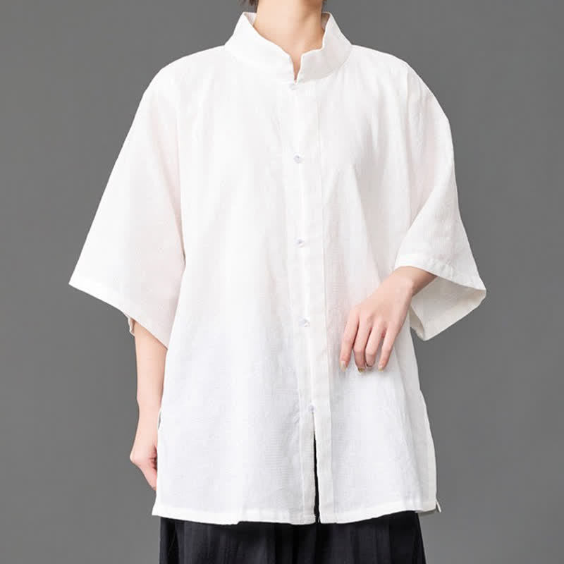 Buddha Stones Camisa de manga tres cuartos para hombre, estilo minimalista de verano, con cuello mandarín y botones. - image 15