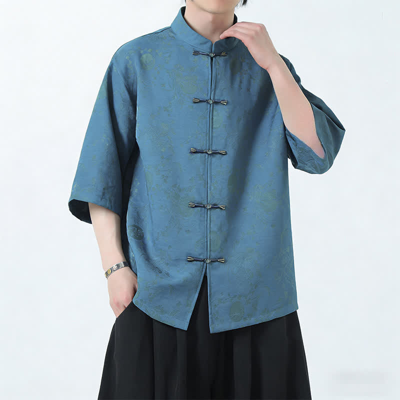 Buddha Stones Camisas de manga hasta el codo para hombre, estilo Summer Tang, con cuello mandarín, botones de rana y abertura lateral. - Azul cadete - US/UK/AU46, EU56 (5XL) - image 0