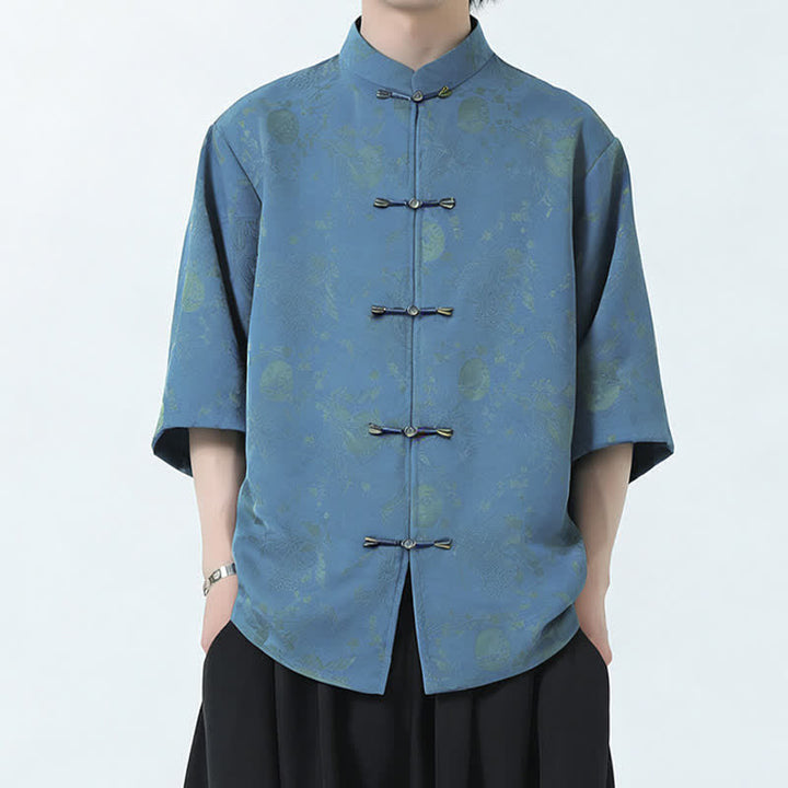 Buddha Stones Camisas de manga hasta el codo para hombre, estilo Summer Tang, con cuello mandarín, botones de rana y abertura lateral. - image 1