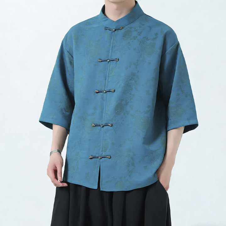 Buddha Stones Camisas de manga hasta el codo para hombre, estilo Summer Tang, con cuello mandarín, botones de rana y abertura lateral. - image 2