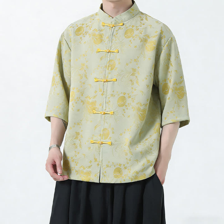 Buddha Stones Camisas de manga hasta el codo para hombre, estilo Summer Tang, con cuello mandarín, botones de rana y abertura lateral. - image 8