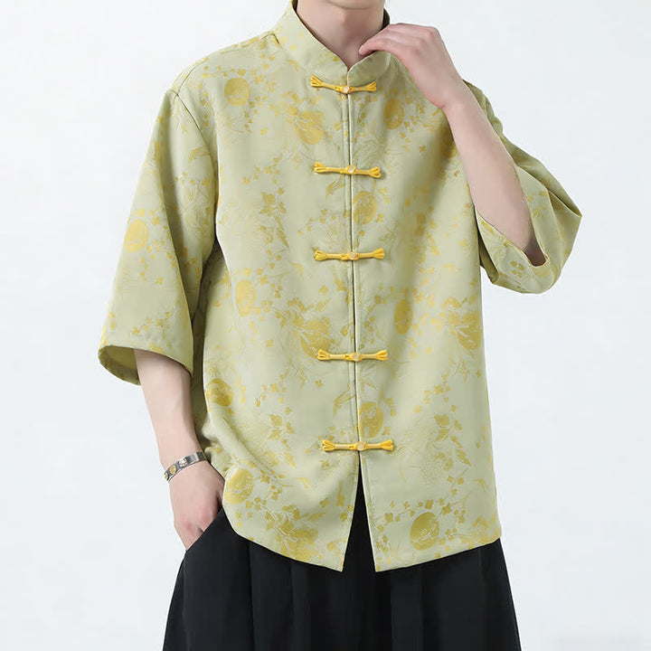 Buddha Stones Camisas de manga hasta el codo para hombre, estilo Summer Tang, con cuello mandarín, botones de rana y abertura lateral. - Amarillo vara de oro claro - US/UK/AU46, EU56 (5XL) - image 6