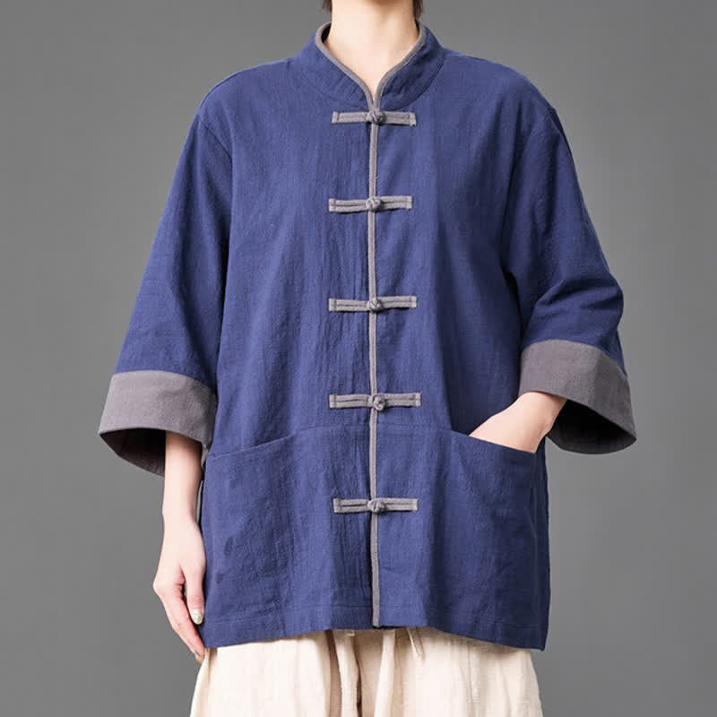 Buddha Stones Camisas de manga tres cuartos para hombre, estilo Summer Tang, con cuello mandarín, botones de rana, color liso y bolsillos. - Marina de guerra - US/UK/AU46, EU56 (5XL) - image 0