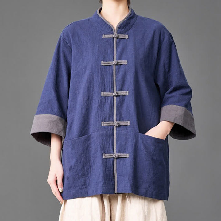 Buddha Stones Camisas de manga tres cuartos para hombre, estilo Summer Tang, con cuello mandarín, botones de rana, color liso y bolsillos. - Marina de guerra - US/UK/AU46, EU56 (5XL) - image 0