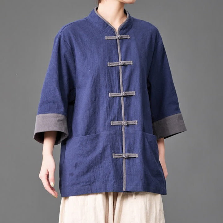 Buddha Stones Camisas de manga tres cuartos para hombre, estilo Summer Tang, con cuello mandarín, botones de rana, color liso y bolsillos. - image 3