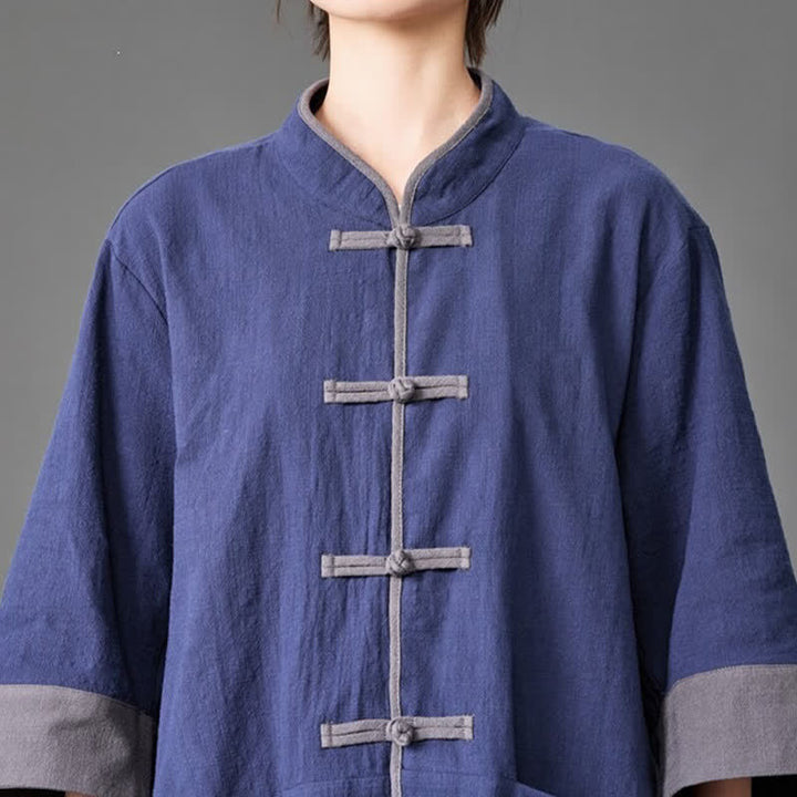 Buddha Stones Camisas de manga tres cuartos para hombre, estilo Summer Tang, con cuello mandarín, botones de rana, color liso y bolsillos. - image 4