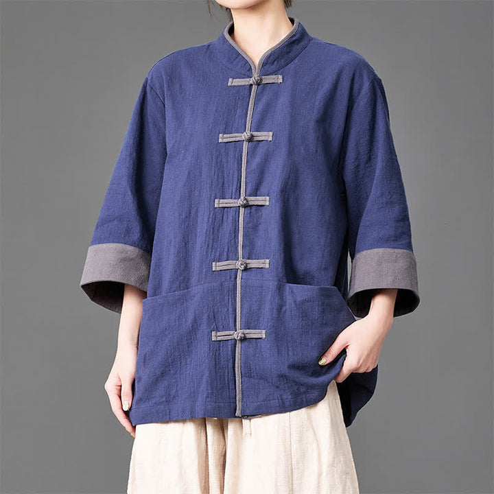 Buddha Stones Camisas de manga tres cuartos para hombre, estilo Summer Tang, con cuello mandarín, botones de rana, color liso y bolsillos. - image 1