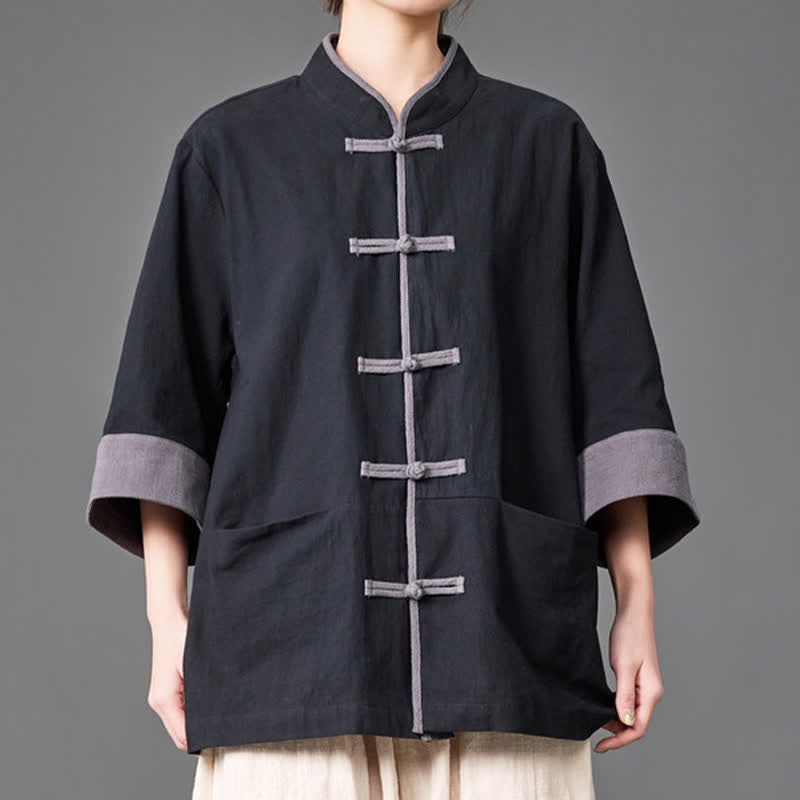 Buddha Stones Camisas de manga tres cuartos para hombre, estilo Summer Tang, con cuello mandarín, botones de rana, color liso y bolsillos. - image 9