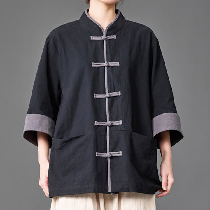 Buddha Stones Camisas de manga tres cuartos para hombre, estilo Summer Tang, con cuello mandarín, botones de rana, color liso y bolsillos. - image 9