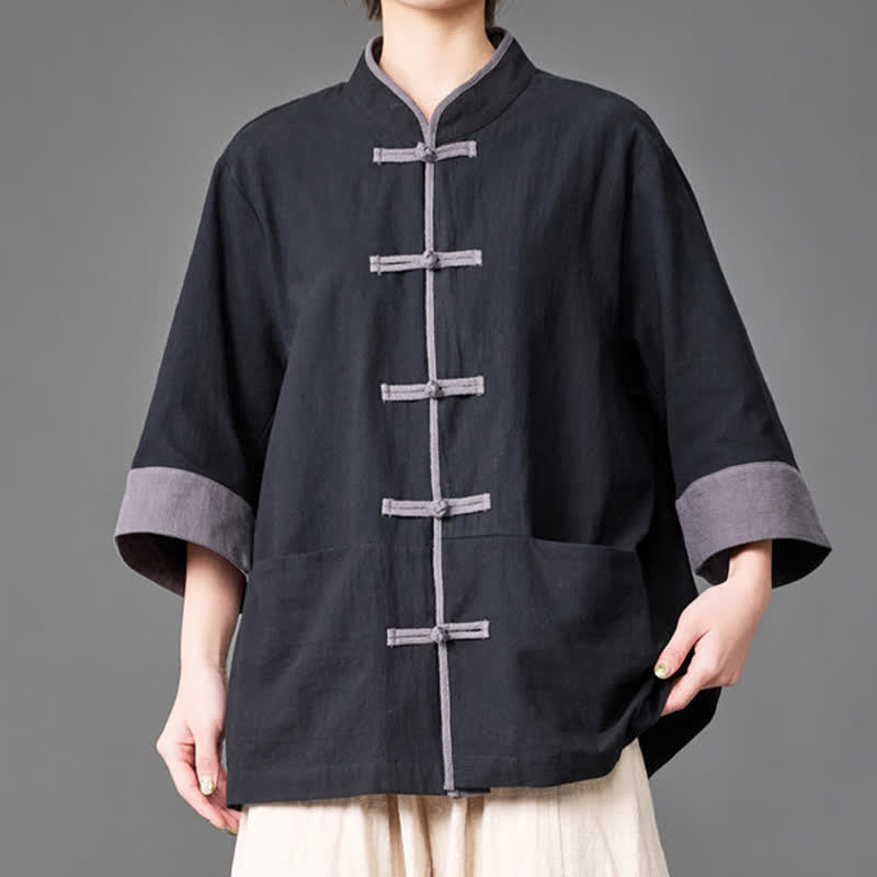 Buddha Stones Camisas de manga tres cuartos para hombre, estilo Summer Tang, con cuello mandarín, botones de rana, color liso y bolsillos. - image 8