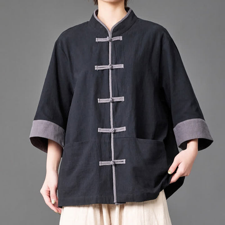 Buddha Stones Camisas de manga tres cuartos para hombre, estilo Summer Tang, con cuello mandarín, botones de rana, color liso y bolsillos. - image 8