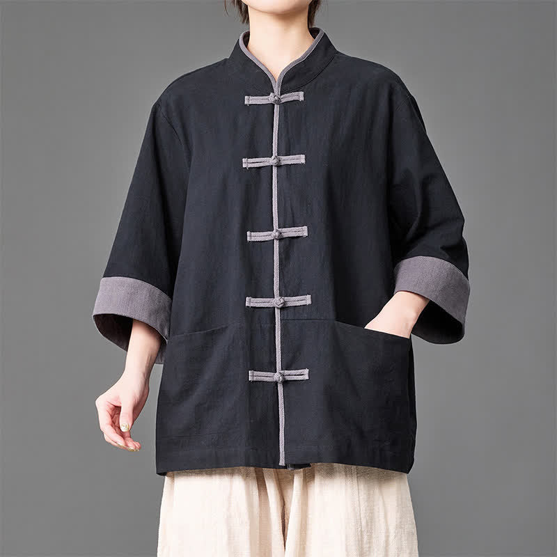 Buddha Stones Camisas de manga tres cuartos para hombre, estilo Summer Tang, con cuello mandarín, botones de rana, color liso y bolsillos. - Negro - US/UK/AU46, EU56 (5XL) - image 6