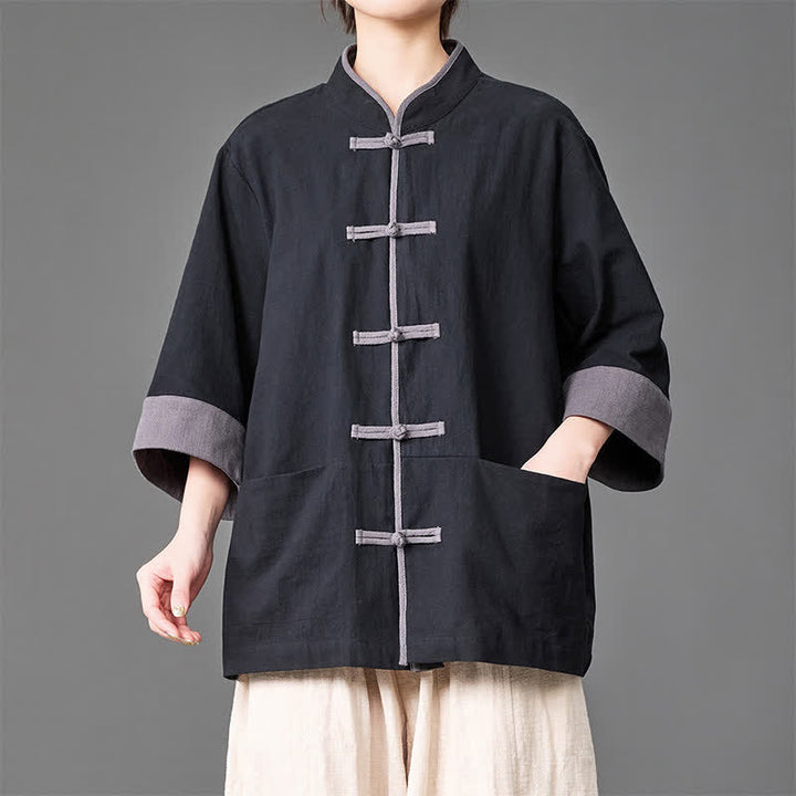 Buddha Stones Camisas de manga tres cuartos para hombre, estilo Summer Tang, con cuello mandarín, botones de rana, color liso y bolsillos. - Negro - US/UK/AU46, EU56 (5XL) - image 6