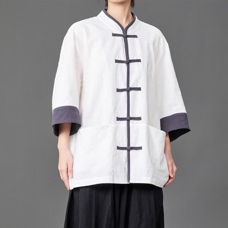 Buddha Stones Camisas de manga tres cuartos para hombre, estilo Summer Tang, con cuello mandarín, botones de rana, color liso y bolsillos. - image 13