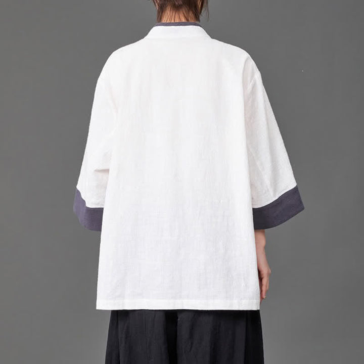 Buddha Stones Camisas de manga tres cuartos para hombre, estilo Summer Tang, con cuello mandarín, botones de rana, color liso y bolsillos. - image 11